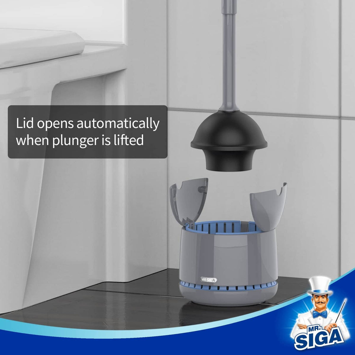 MR.SIGA toilet plunger with holder, black plunger head and gray bucket with blue ring