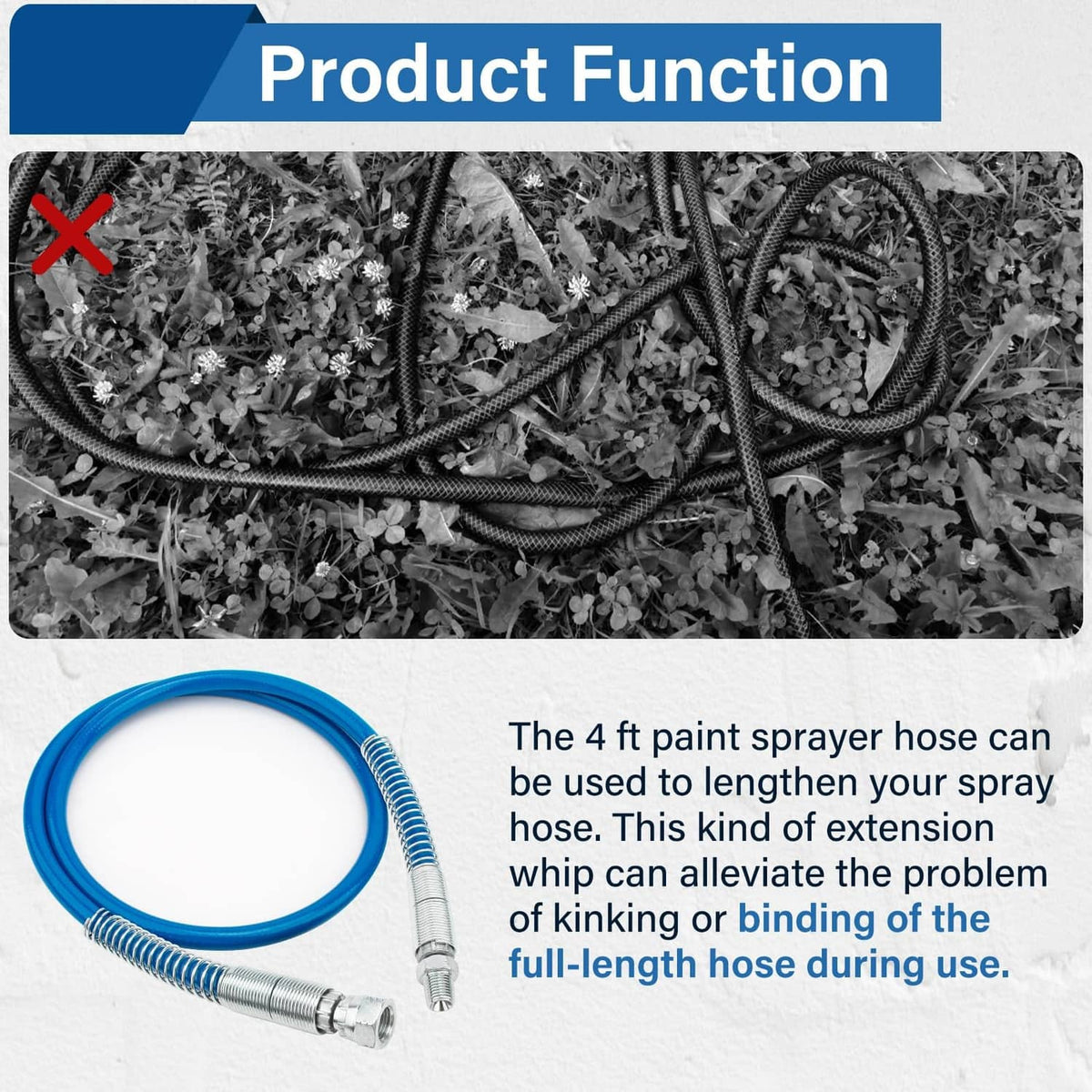Blue flexible 4 ft airless hose extension with two metal connection ends