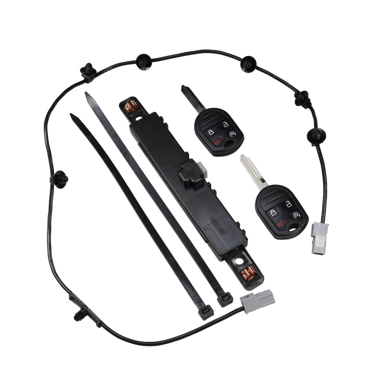 Remote car start wiring harness with two key fobs and mounting rails