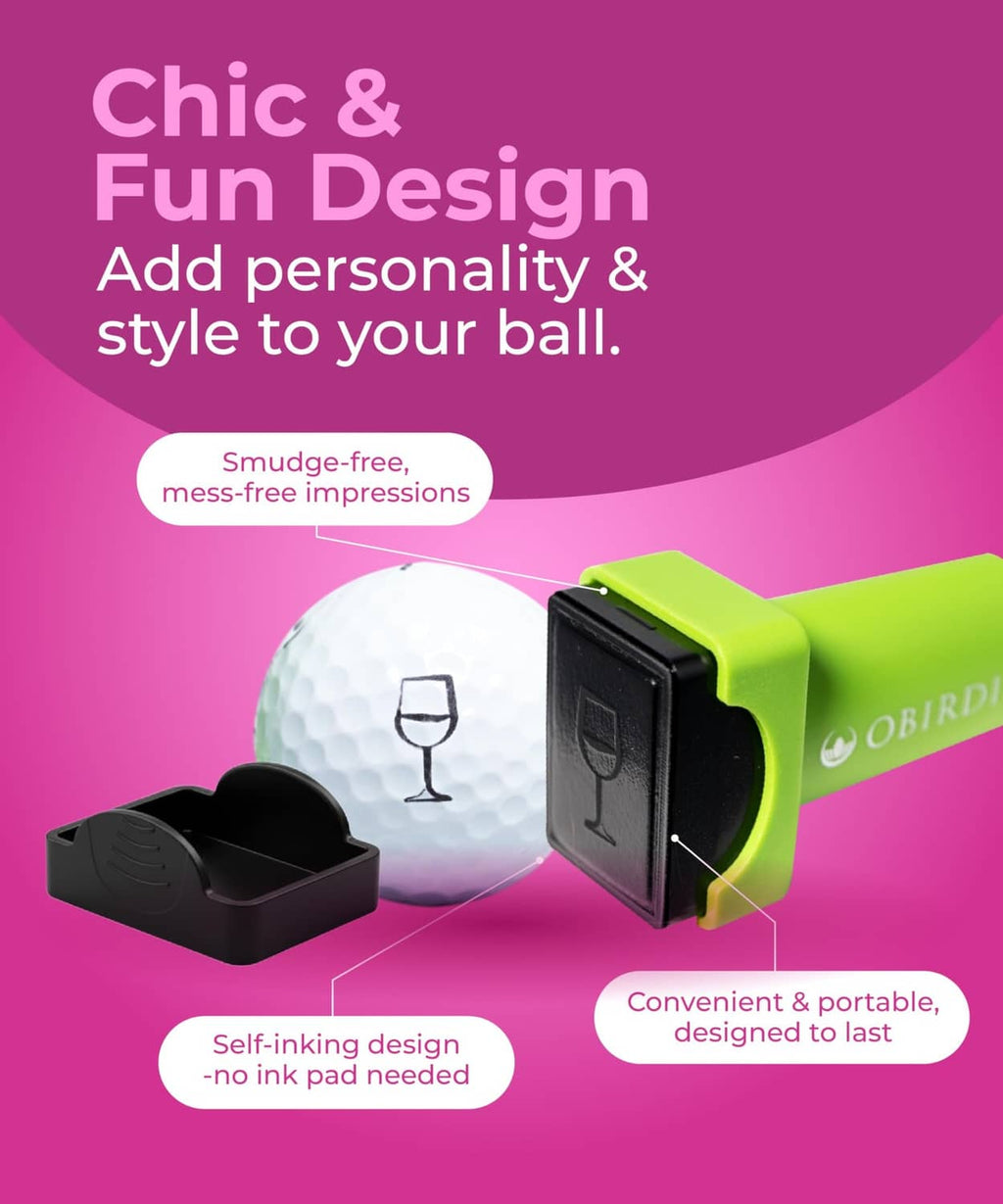 Lime green self-inking golf ball stamp beside a white ball with a wine glass icon