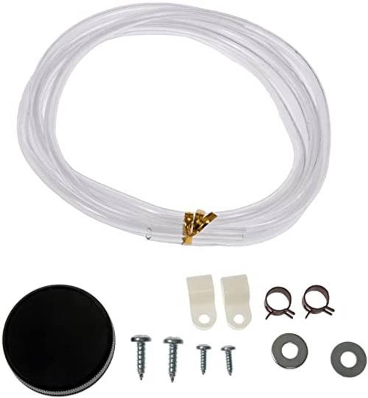 Recovery kit hose with black cap, clamps, screws, and washers