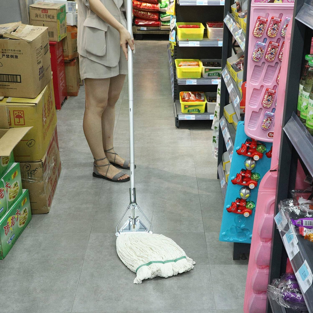 Loop-end string mop with white cotton strands and teal band displayed in store