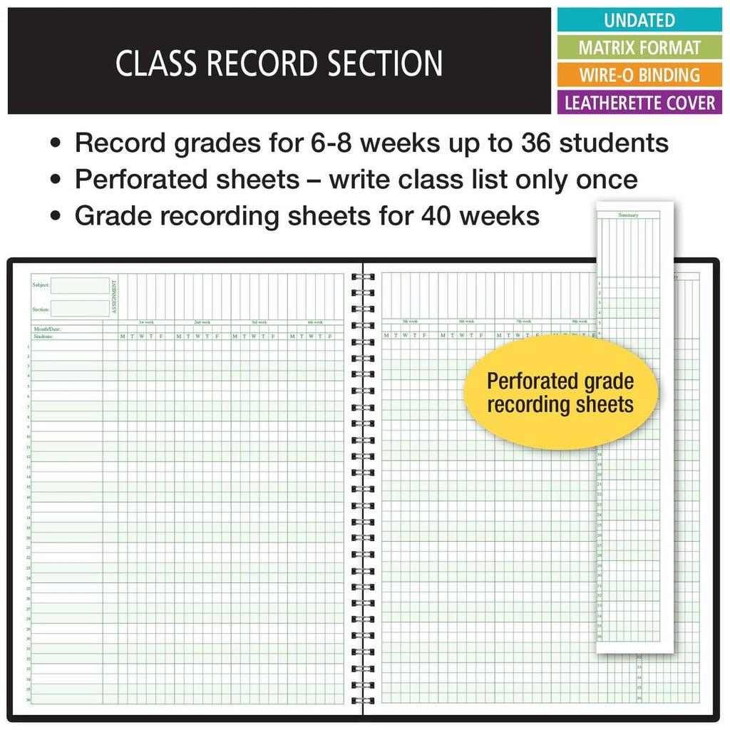 Open planner class record section with perforated grade recording sheets