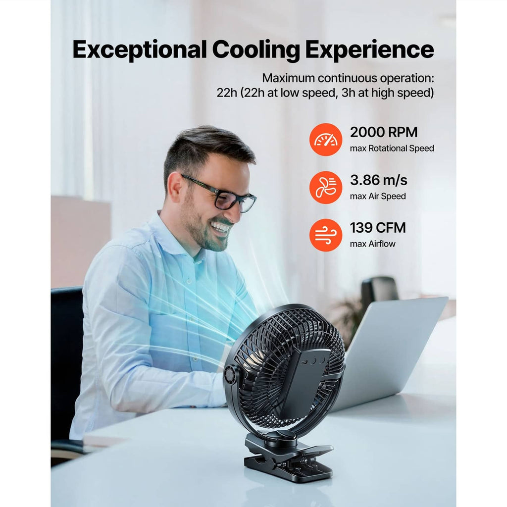 Portable clip fan on a desk with round grille and front control dial