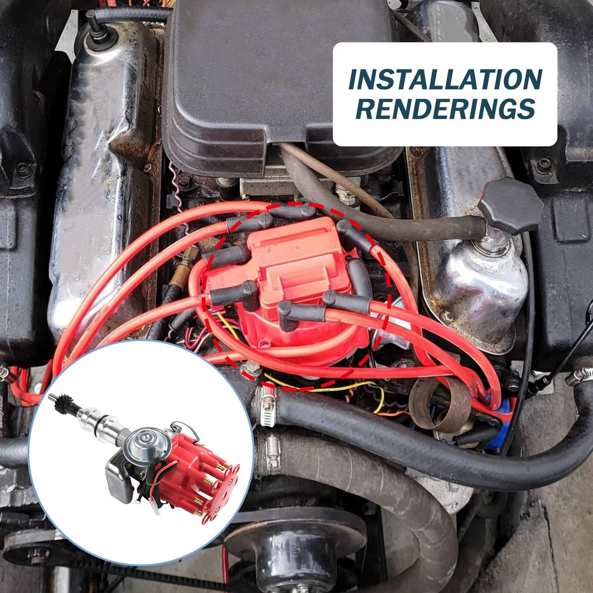 Ignition distributor wiring harness with red spark plug wires and connector