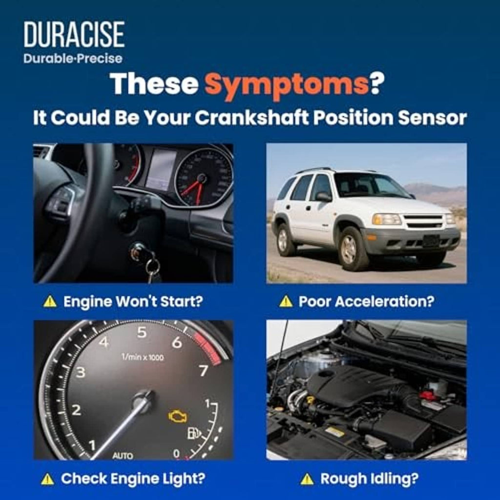 Crankshaft position sensor symptoms graphic showing vehicle, dashboard, and engine icons