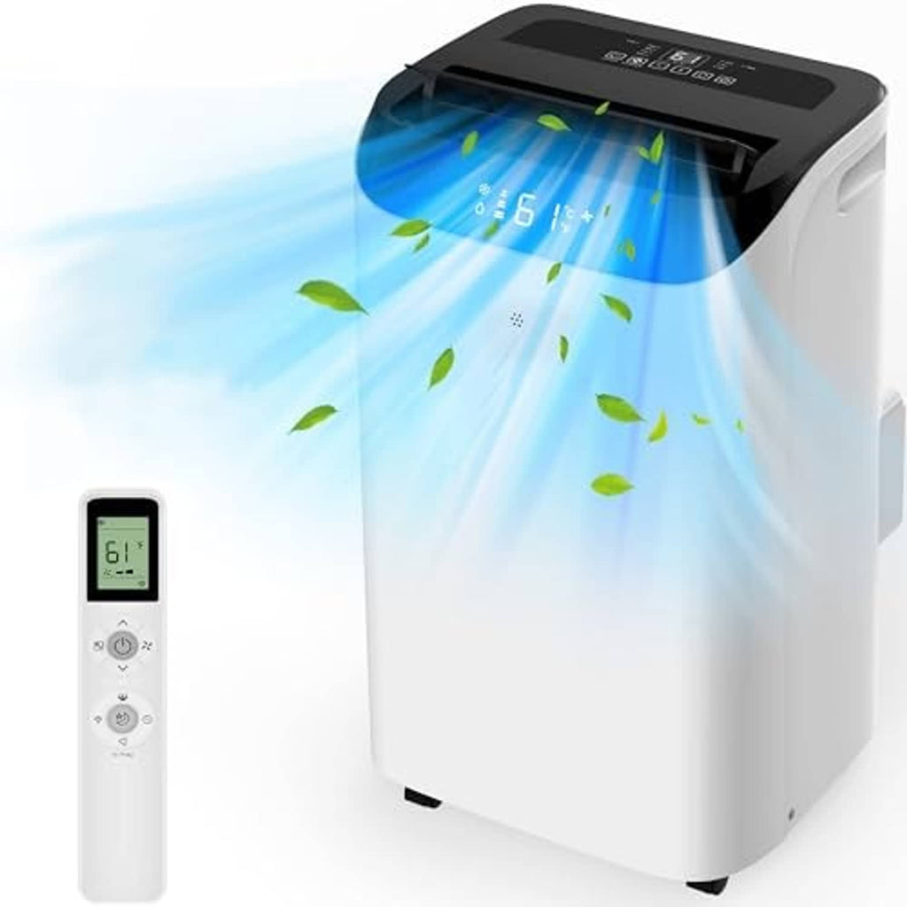 White portable AC unit with top vent and handheld remote control