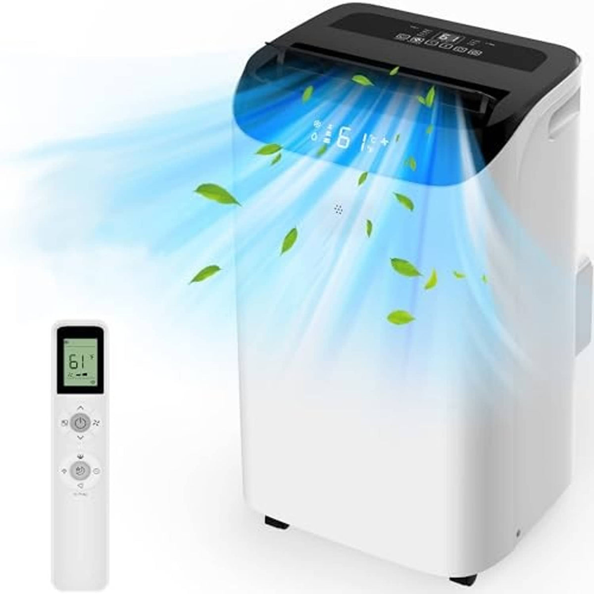 White portable AC unit with top vent and handheld remote control