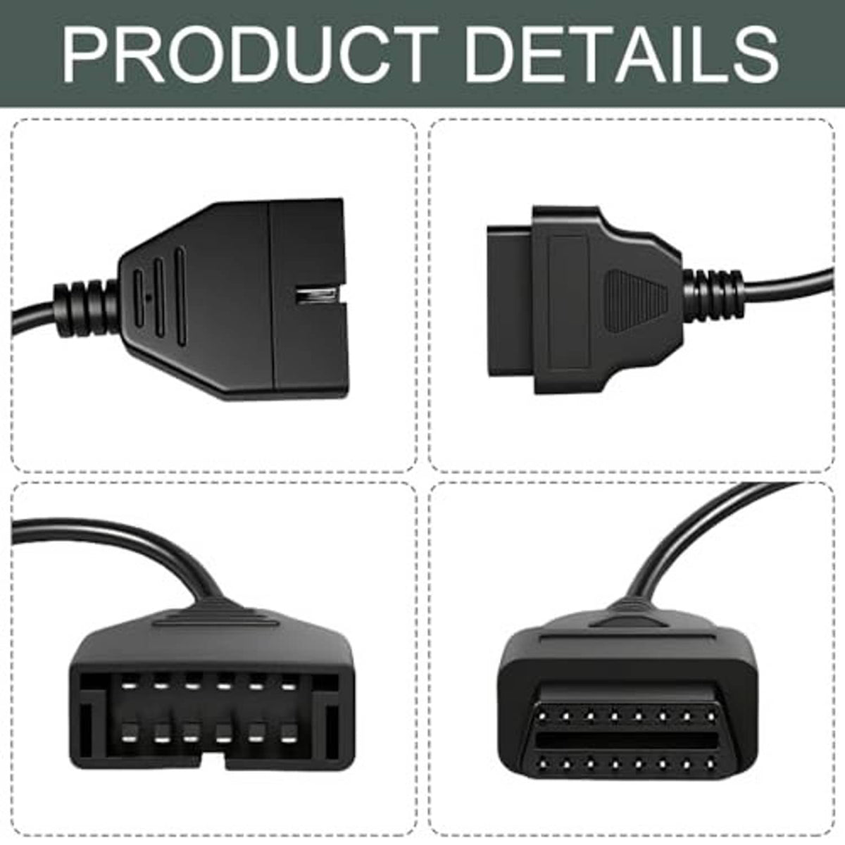 OBD1 to OBD2 adapter cable connector detail: 12-pin and 16-pin ports