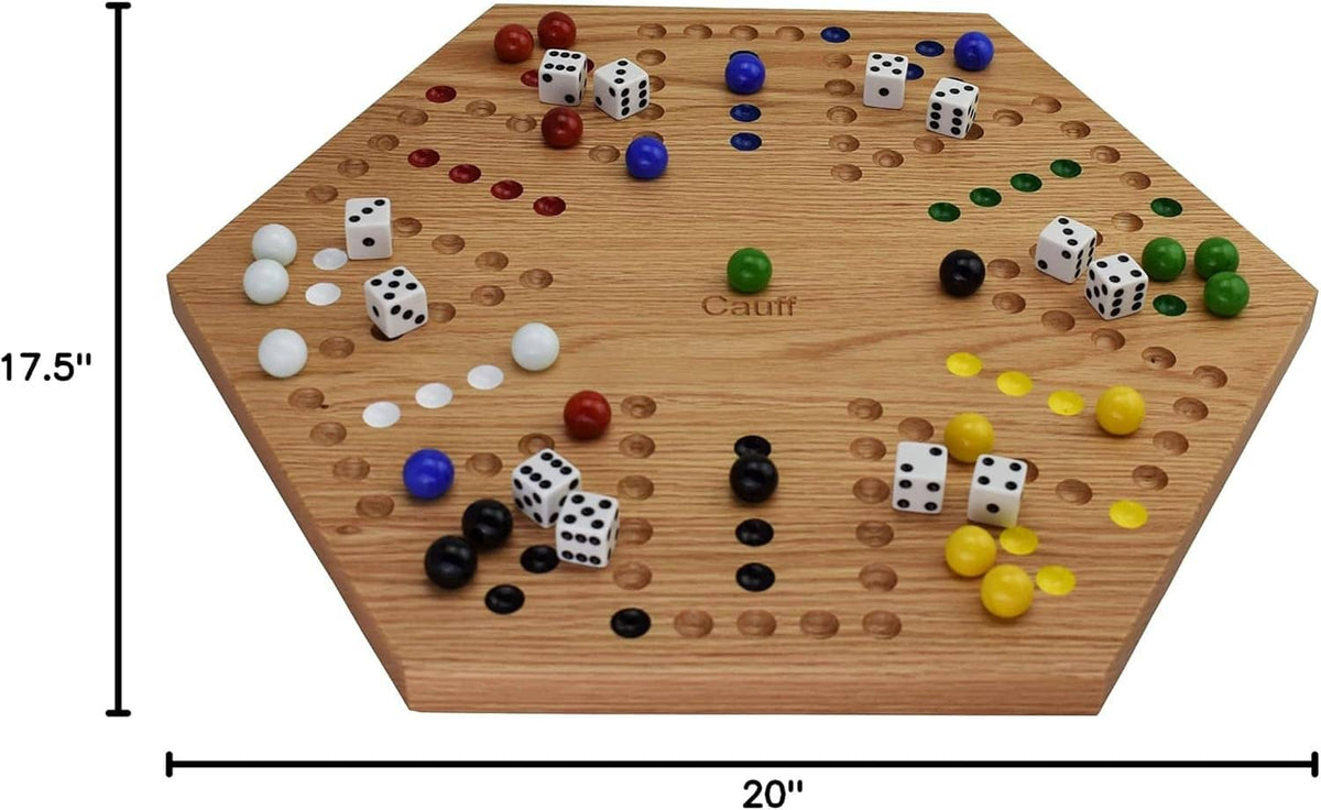 Hexagonal solid oak board game with marbles, dice, and 20-inch size markings