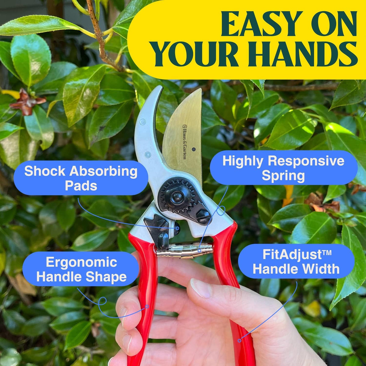Red and silver pruner with gold blade, spring pads, and ergonomic handle width