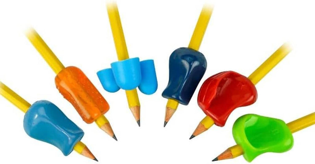 Assorted pencil grips with navy, red, green, orange, and light blue covers, 5 grips