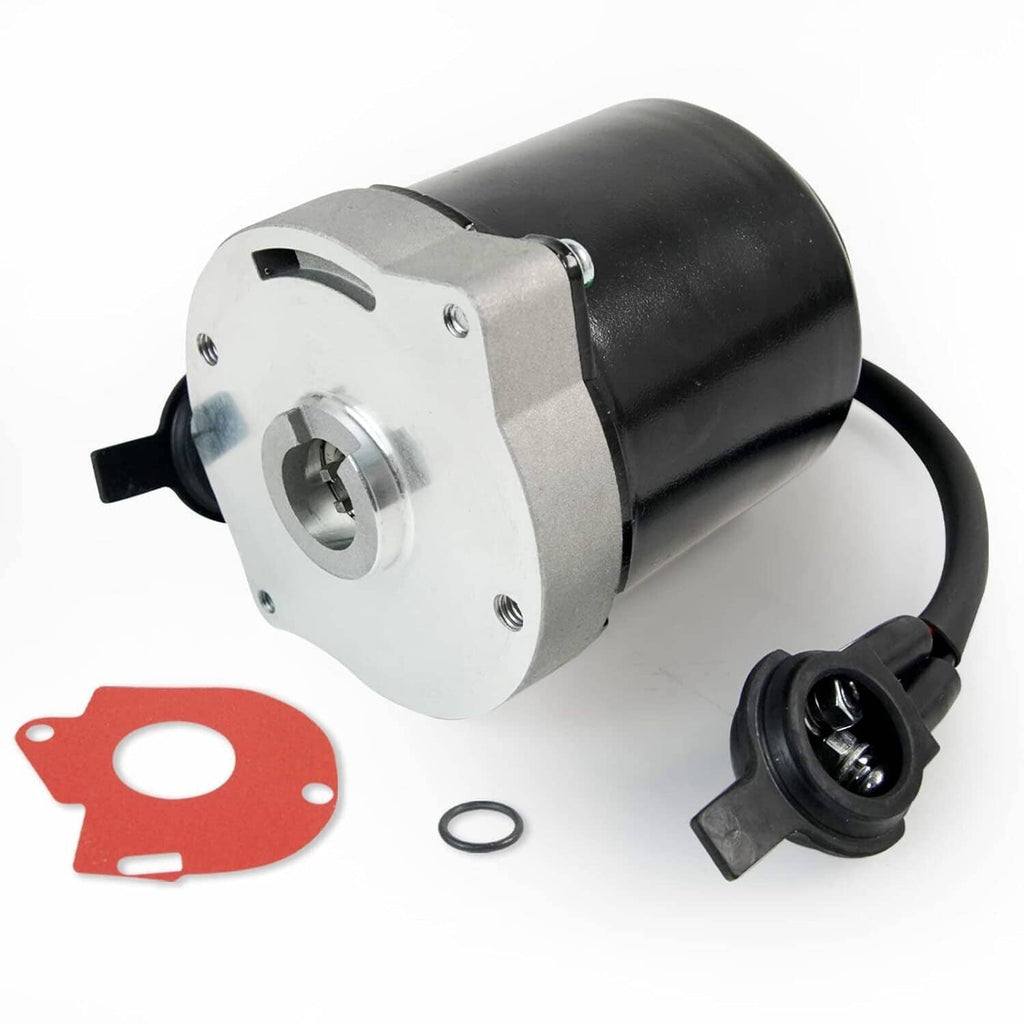 Brake pump motor with metal mounting flange and black rubber body