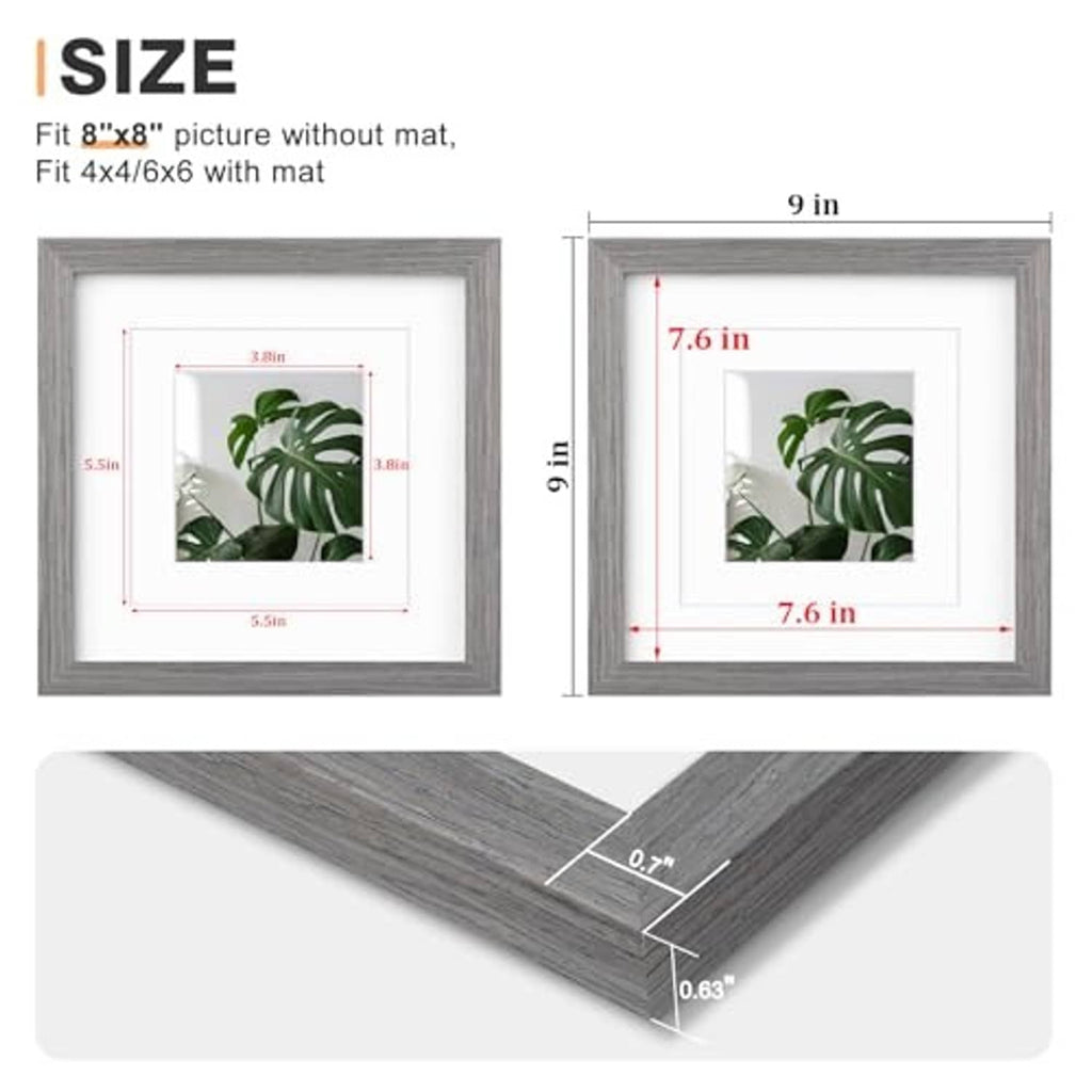 Light grey 8x8 picture frame with size diagram and protective plexiglass