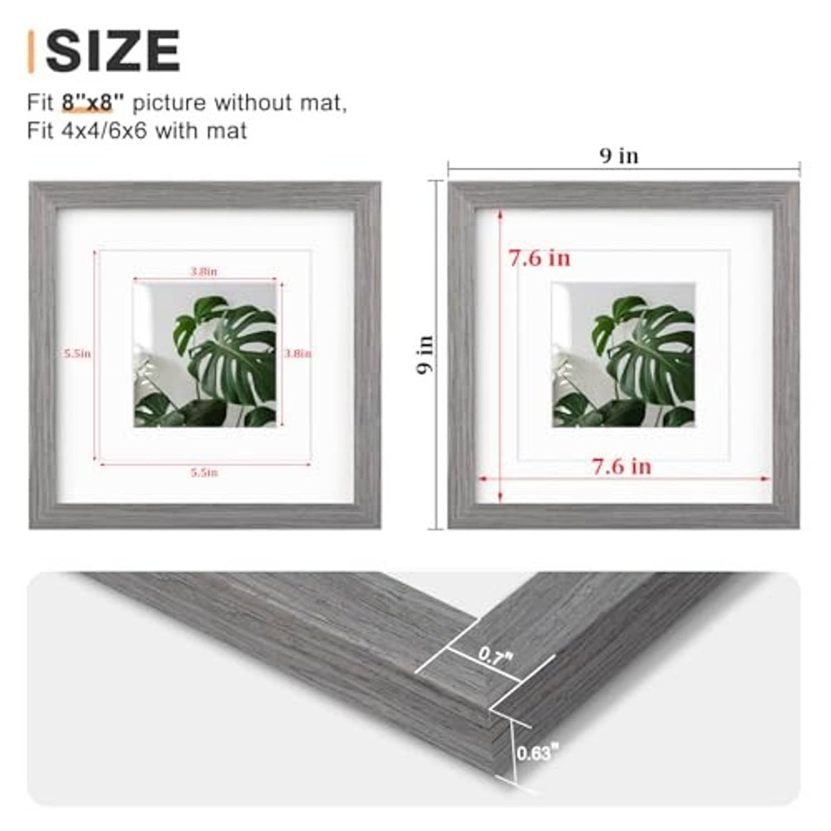 Light grey 8x8 picture frame with size diagram and protective plexiglass