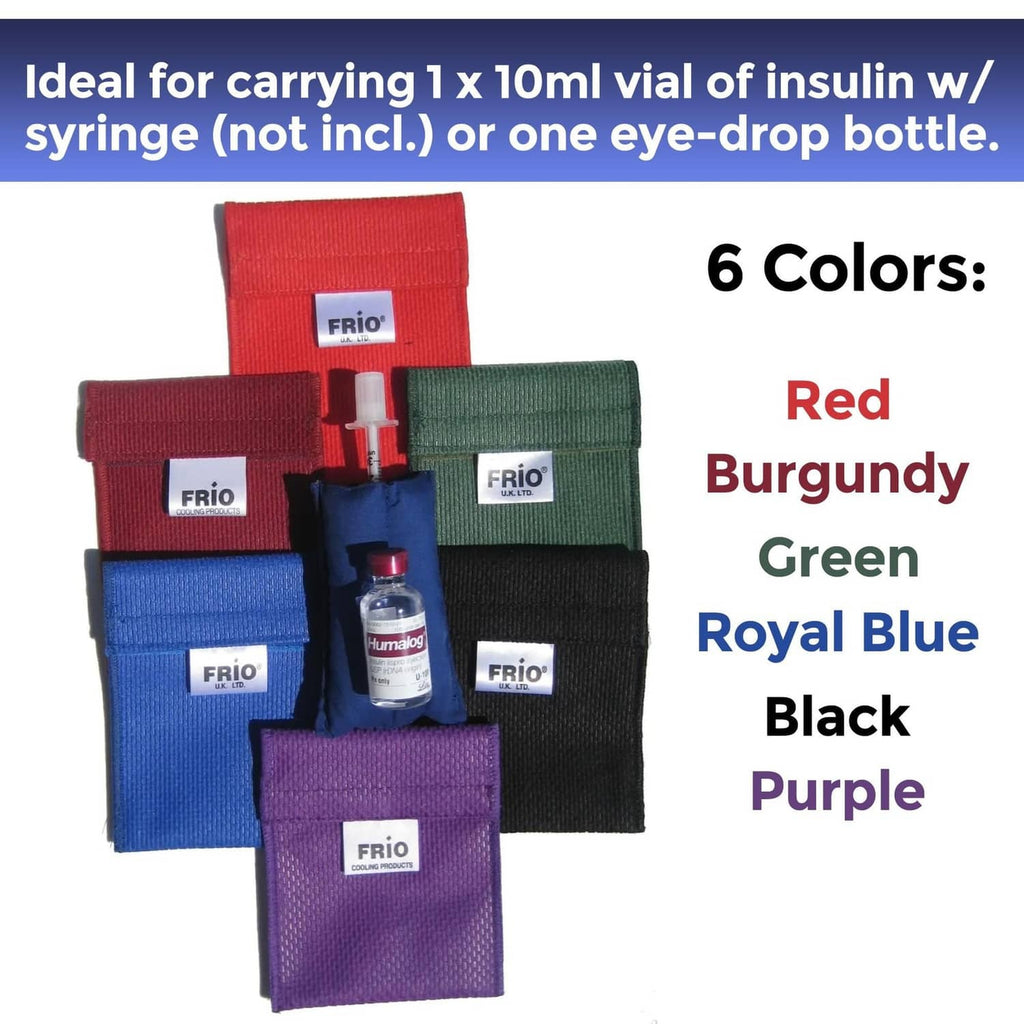 FRIO cooling wallet color set showing red, burgundy, green, royal blue, black, purple