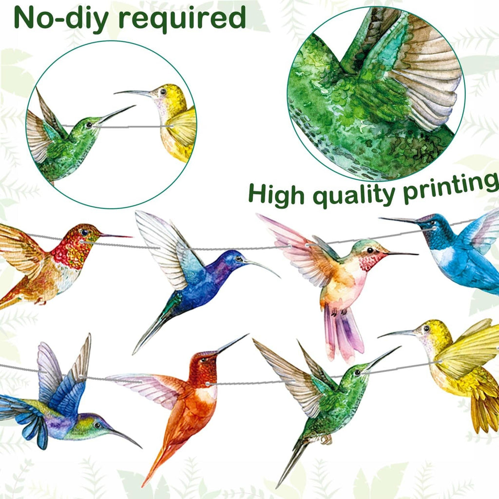 Colorful hummingbird banner garland with multicolor bird cutouts and high-quality print
