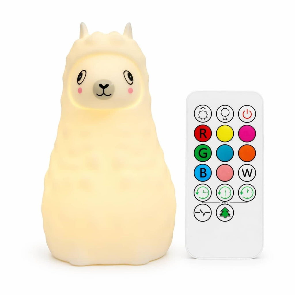 Cream llama LED night light with face and white remote for colors and power