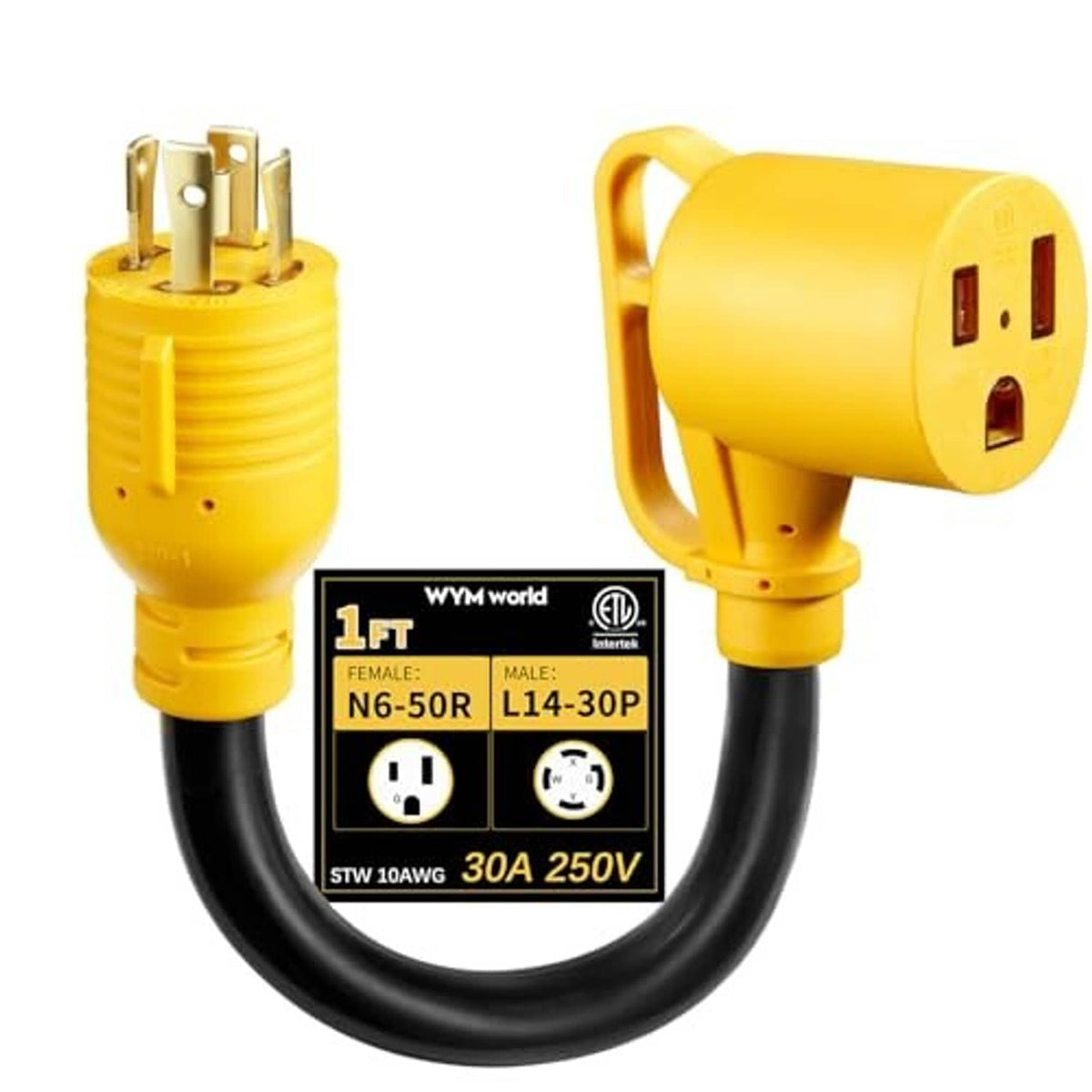 Yellow NEMA twist-lock adapter plug with 4-prong face and short black power cord