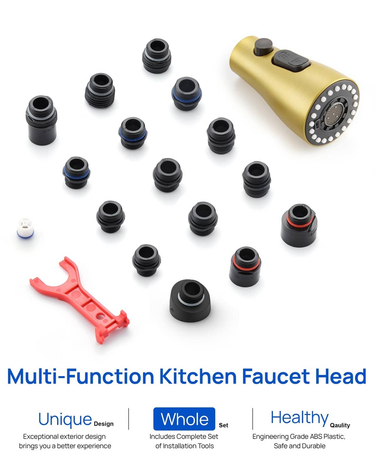 Brushed gold sprayer head with multiple faucet adapter fittings and nozzle face