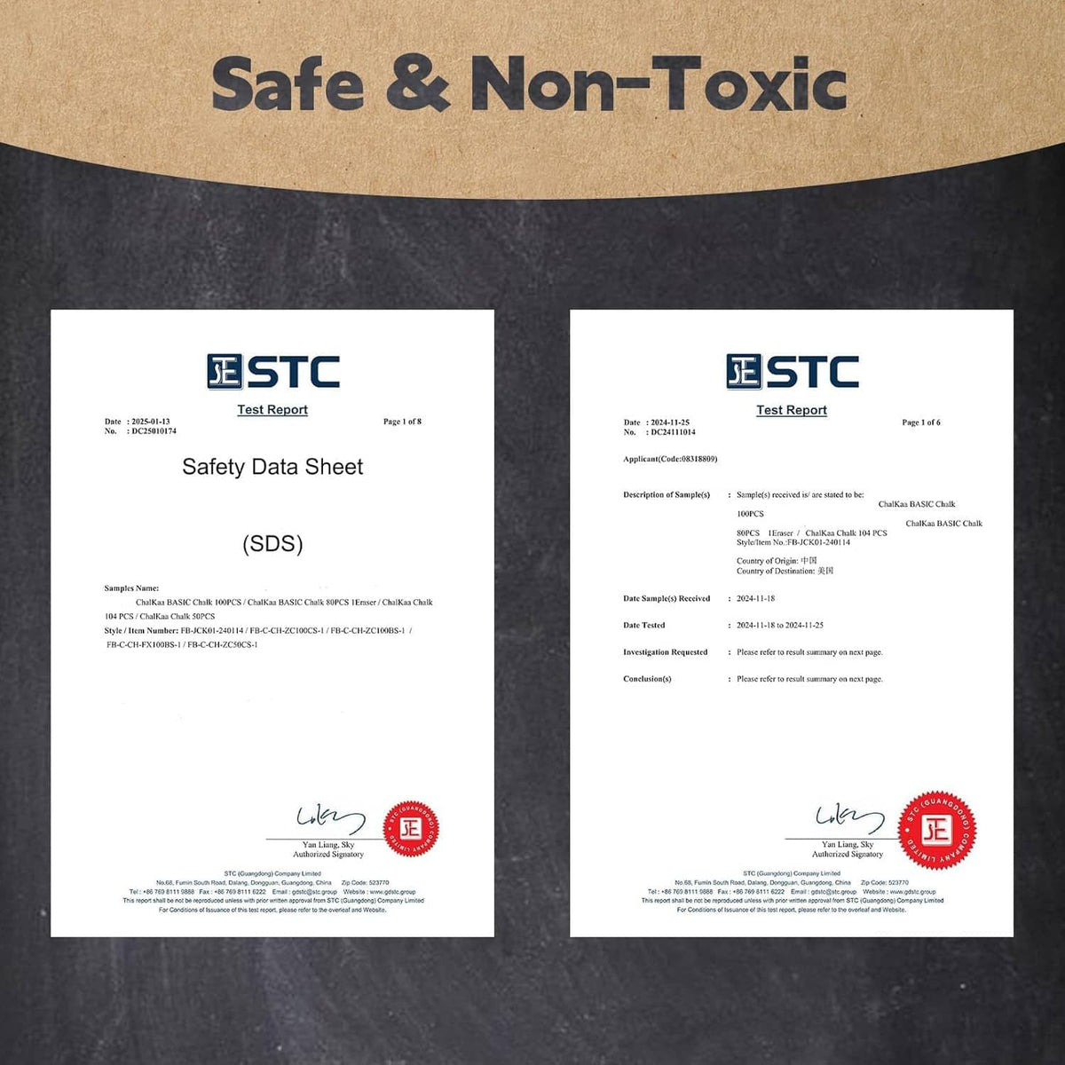 Safety data sheet documents for chalk (SDS), labeled STC test reports