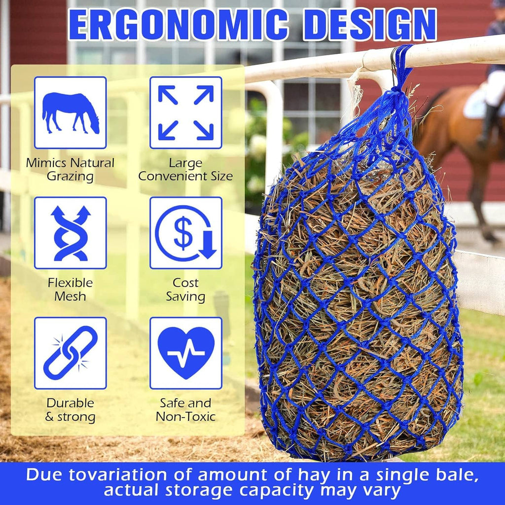 Blue mesh slow feeder hay net bag with hay, hanging with horse behind