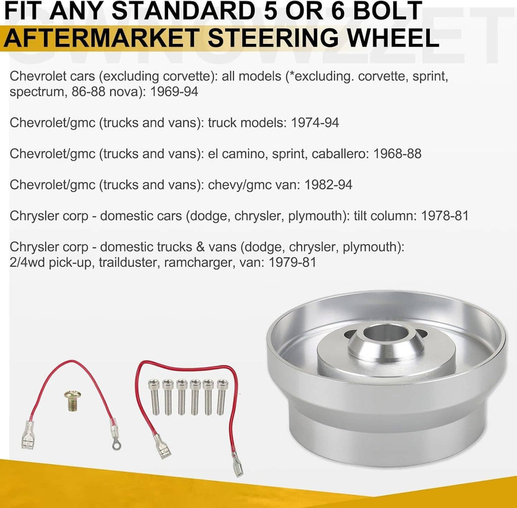 Polished steering wheel hub adapter with mounting hardware and small connector parts