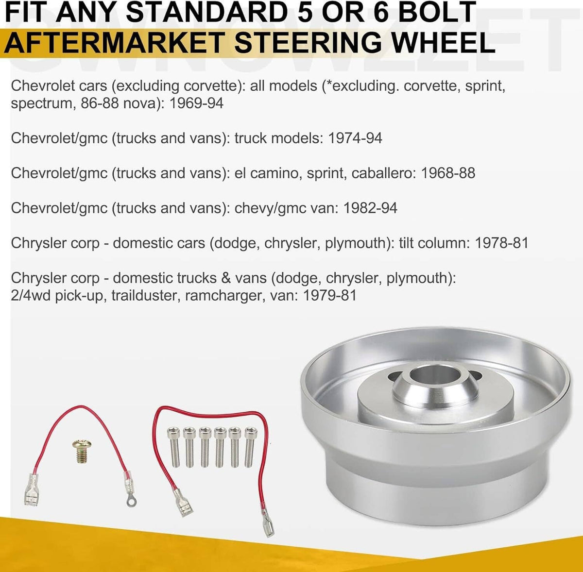 Polished steering wheel hub adapter with mounting hardware and small connector parts