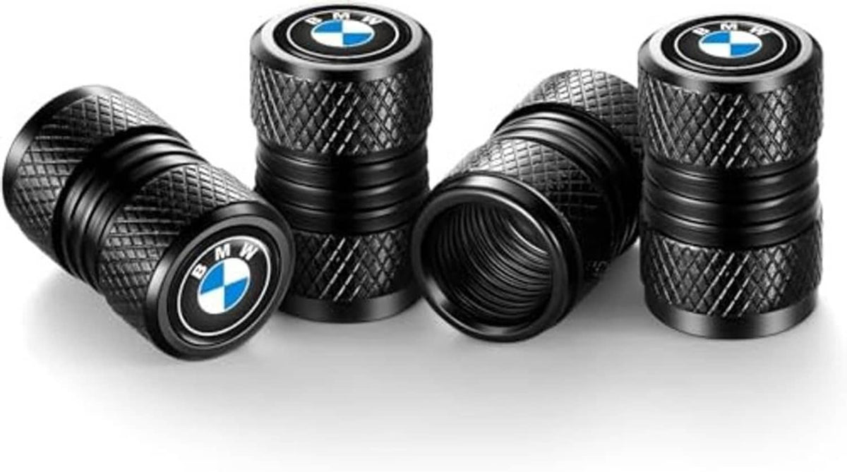 Set of four black textured valve stem caps with BMW logo emblems
