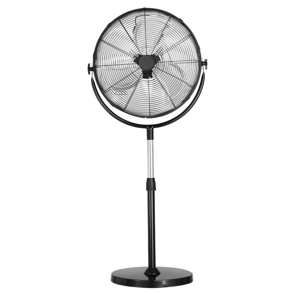 Black pedestal floor fan front view with protective wire grille and round base