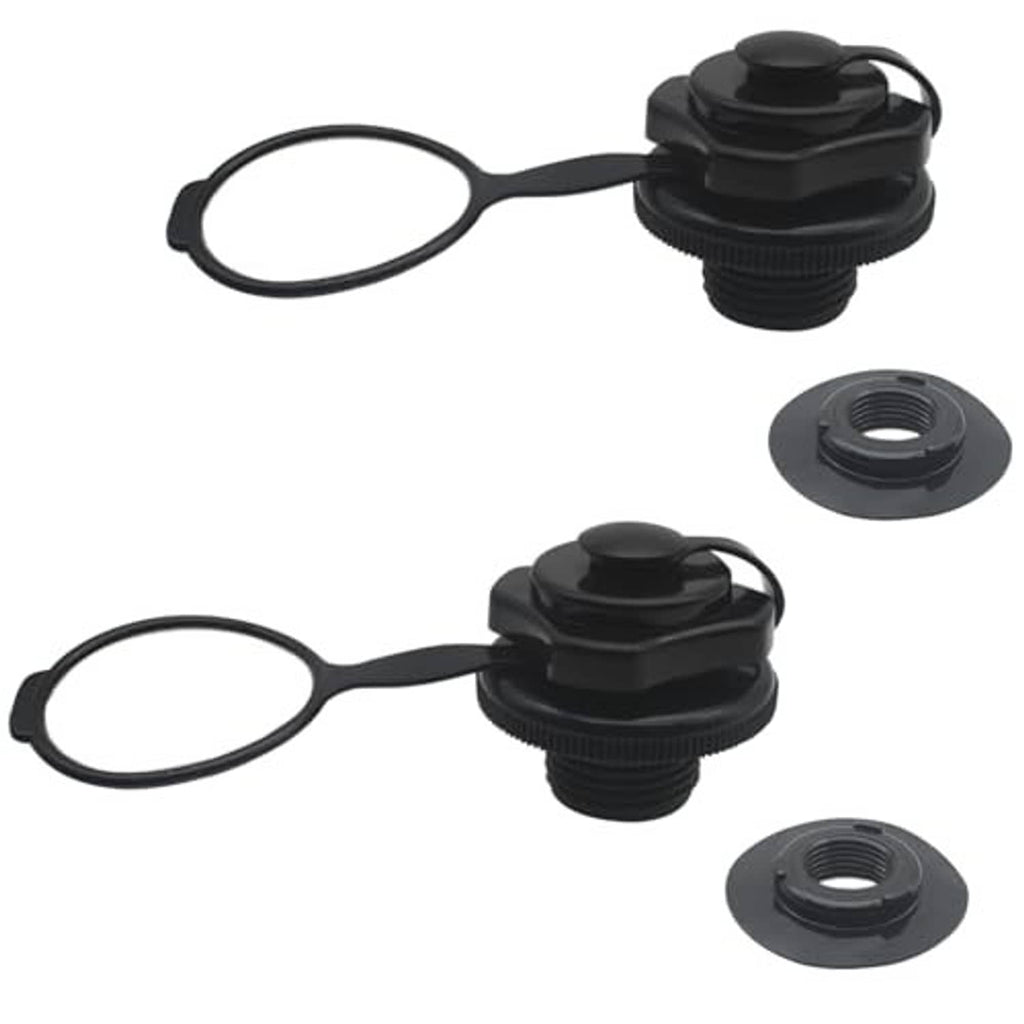 Set of black 24mm inflatable boat air valves with pull rings and rubber mats