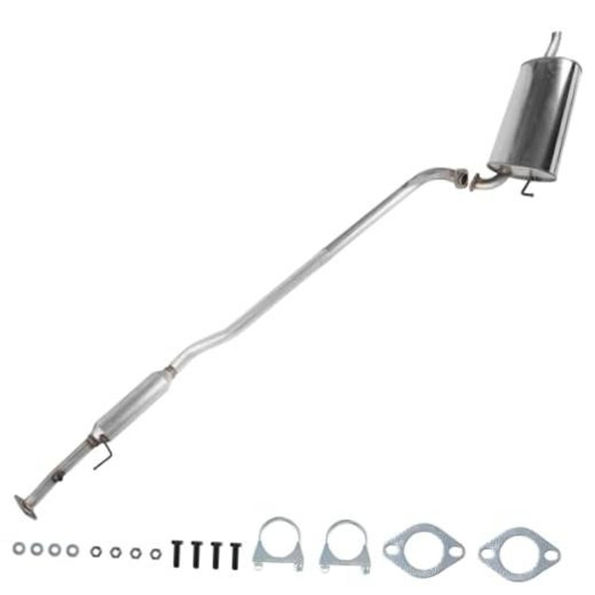 Stainless steel resonator and muffler exhaust pipe assembly with hanger and hardware