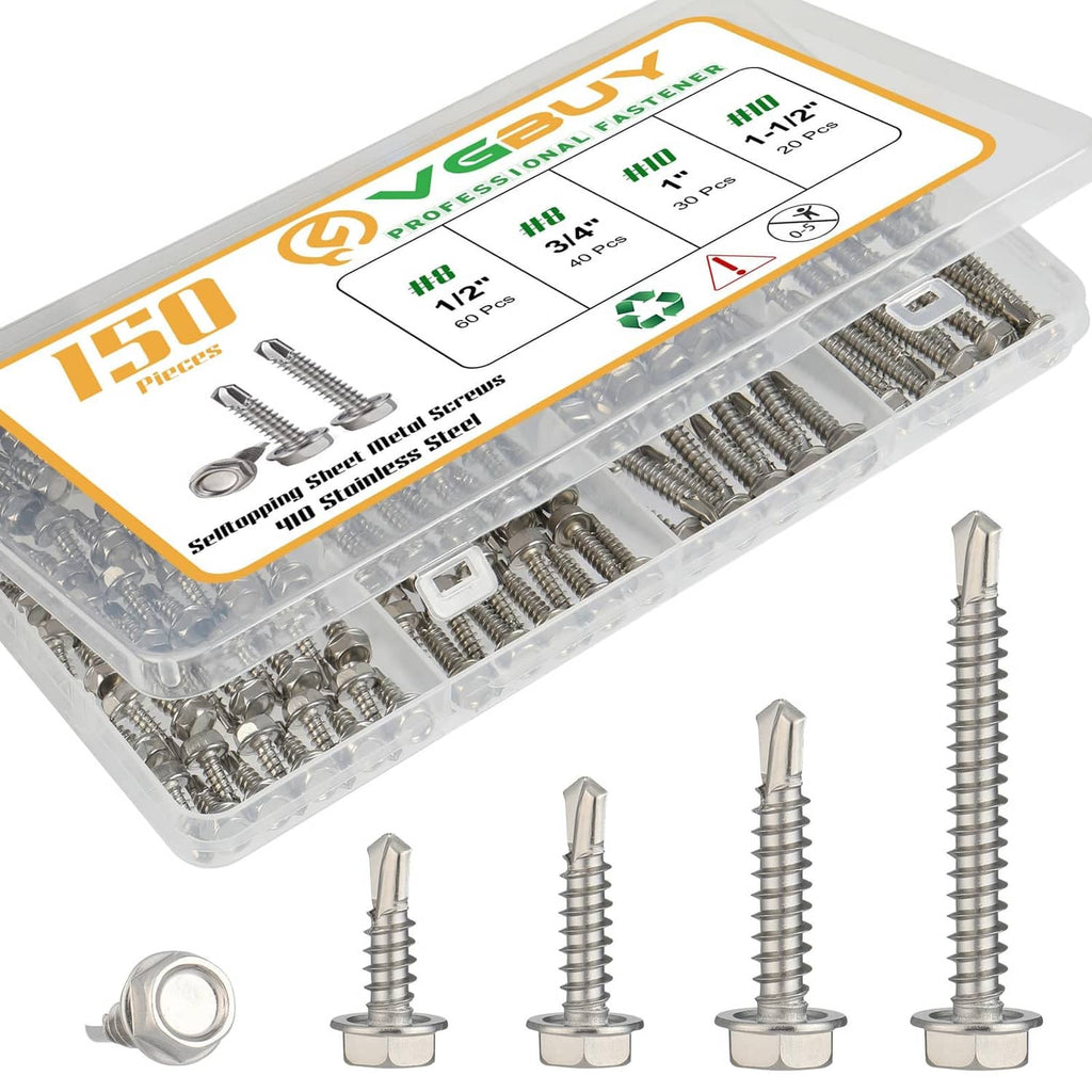 150-piece self drilling screw assortment kit in clear plastic tray with silver screws