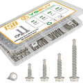 150-piece self drilling screw assortment kit in clear plastic tray with silver screws