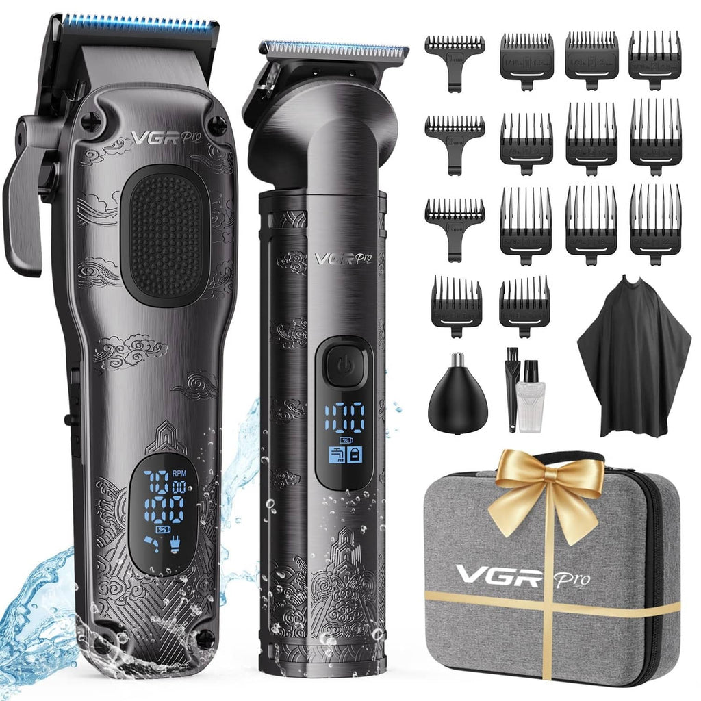 Cordless gray hair clipper set with blade guards, guide combs, and storage case