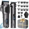 Cordless gray hair clipper set with blade guards, guide combs, and storage case