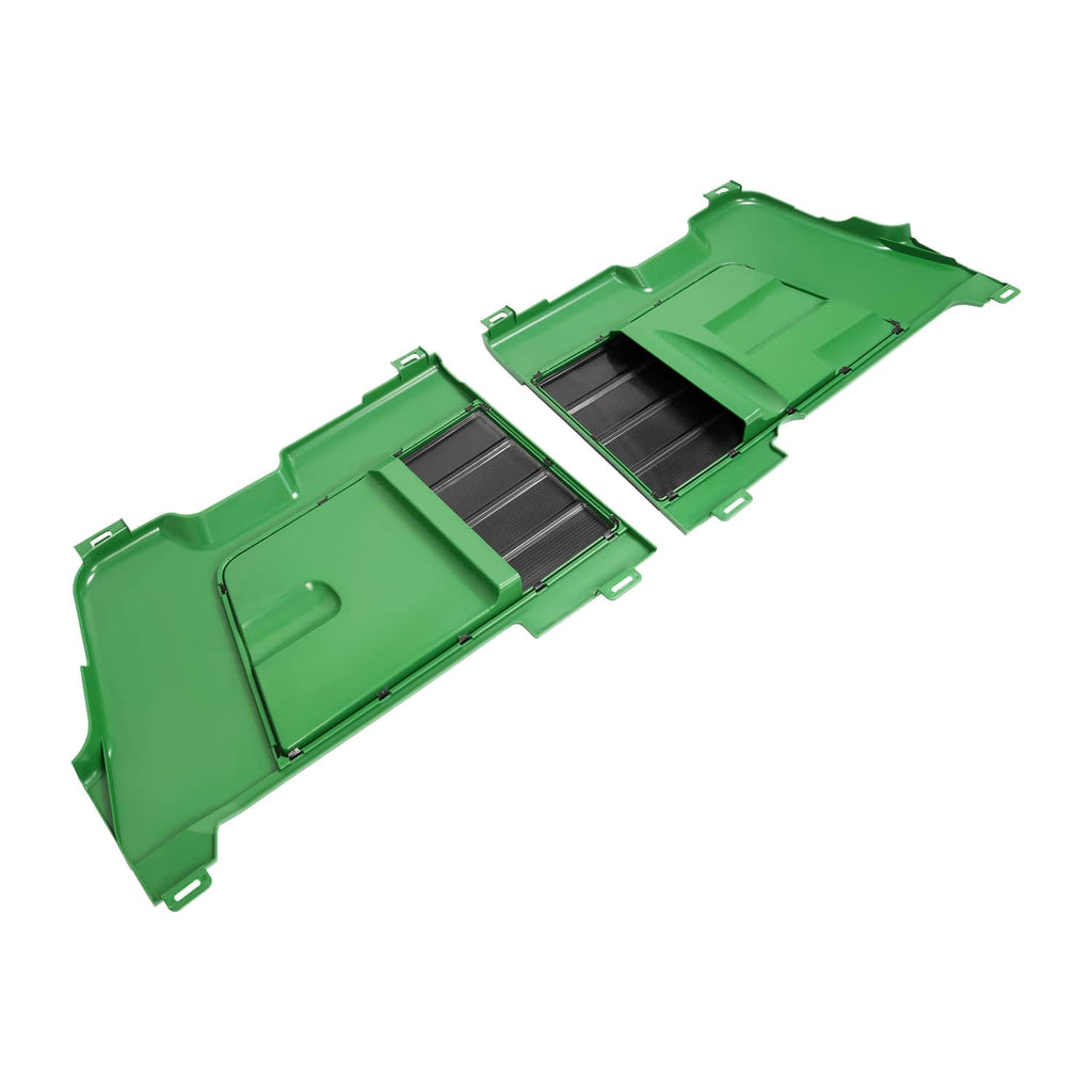 Back side of green side panel screens with black mesh inserts and mounting clips