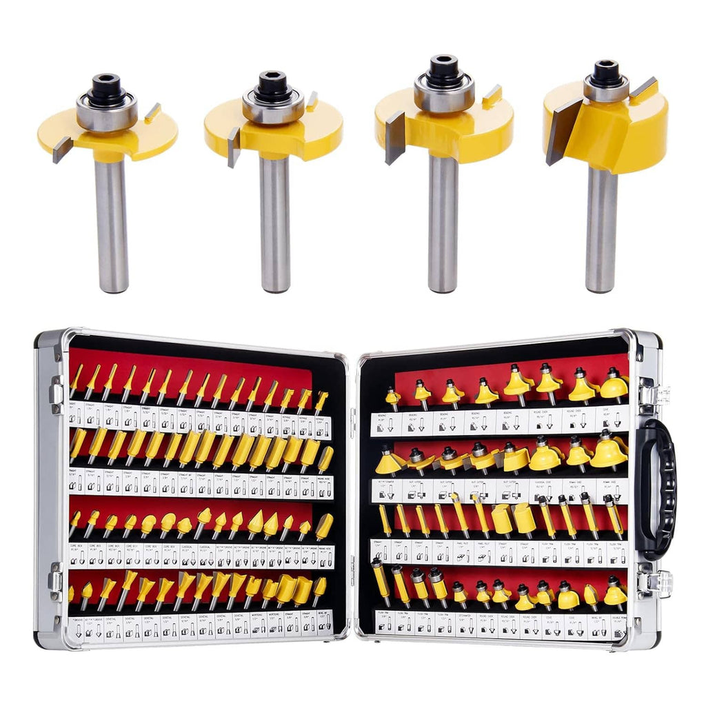 Open aluminum storage case with rows of yellow-and-silver router bits and four cutters on top