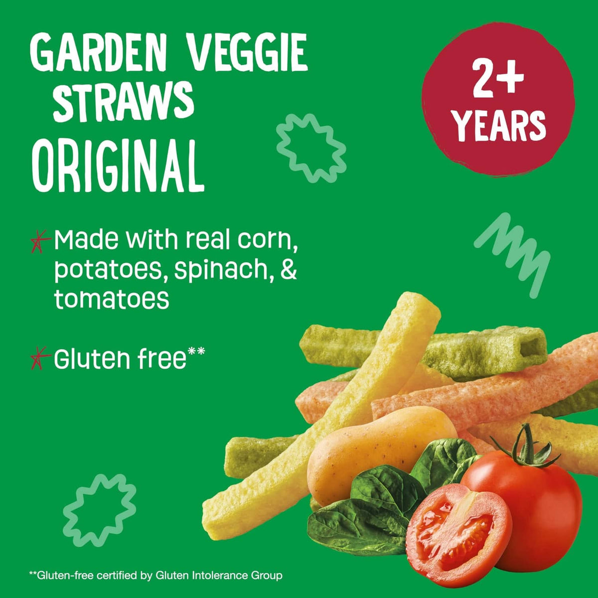 Garden Veggie Straws Original info panel for ages 2+ with gluten-free badge