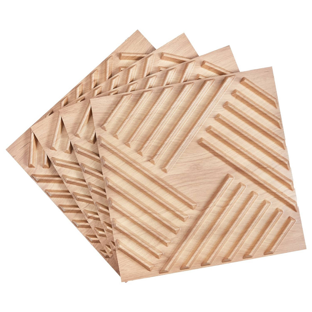 Light wood 3D slat wall panel tiles with raised ridges in a stack