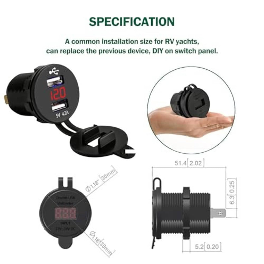 Black round dual USB volt meter charger with red LED display and size diagrams