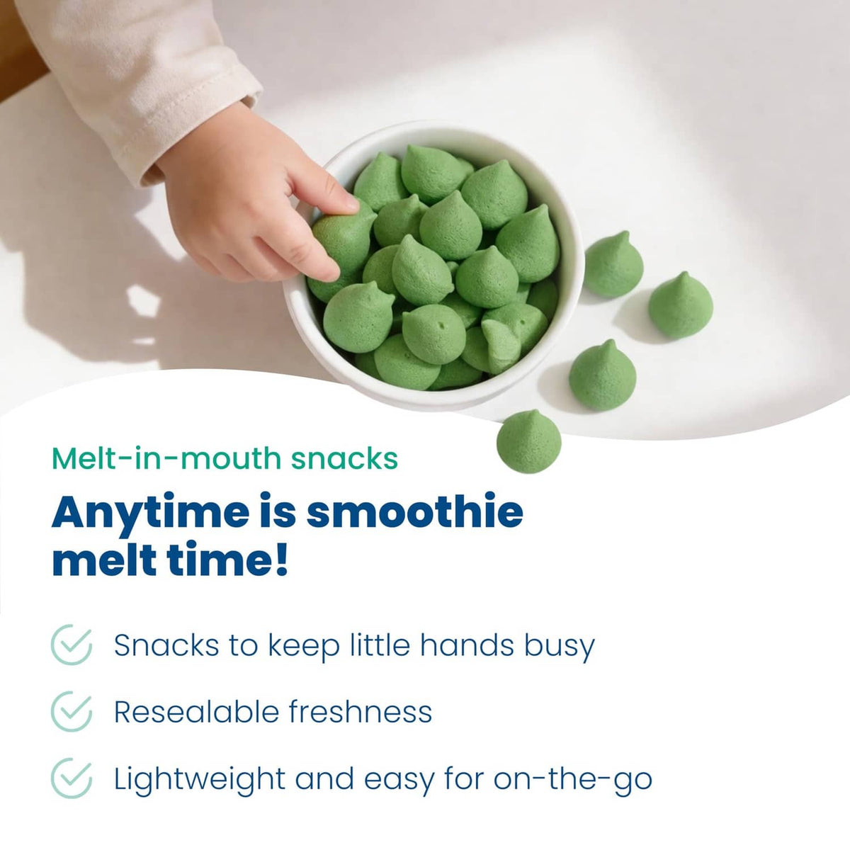 Bowl of green smoothie melts with scoop, Amara Organic Smoothie Melts snack