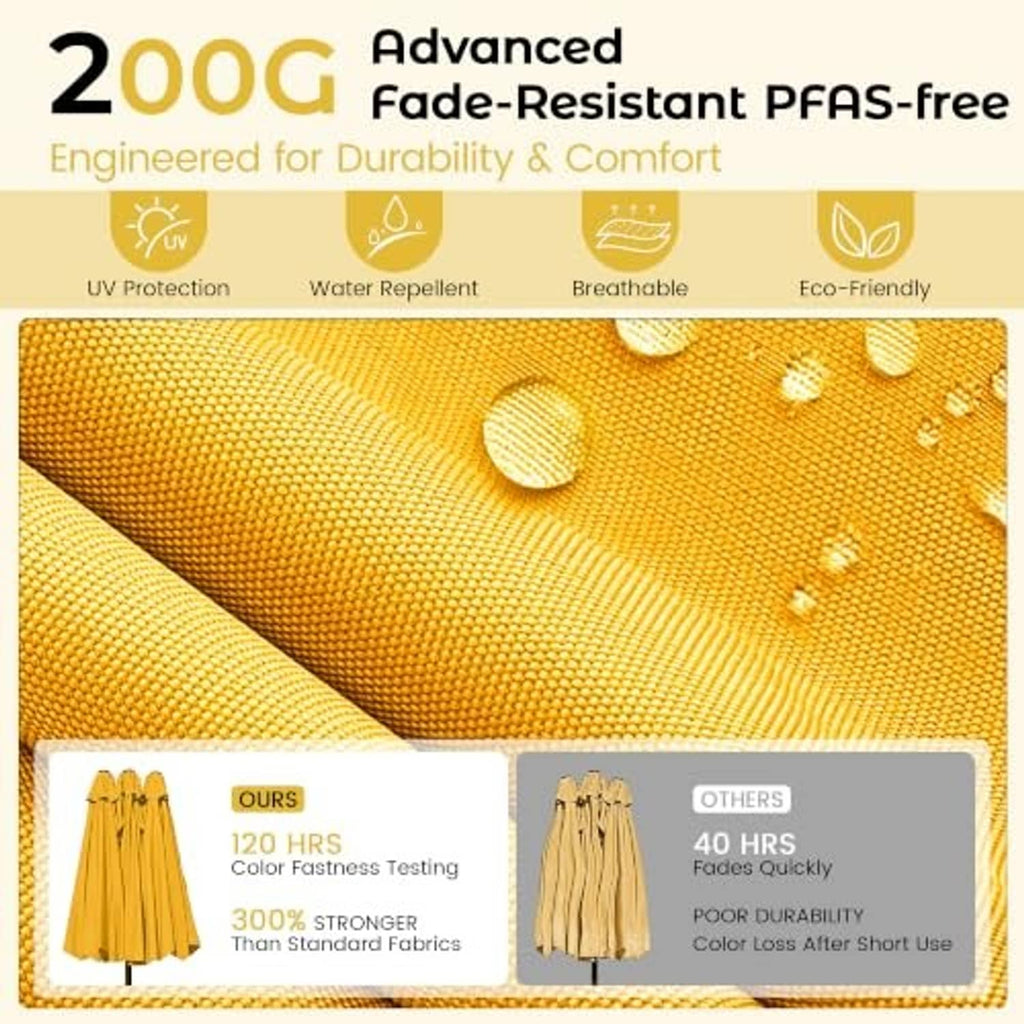 Golden yellow umbrella fabric close-up with textured weave and smooth canopy surface