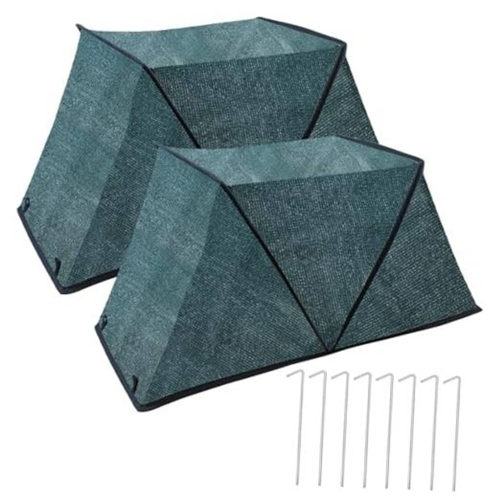 Two-pack foldable plant shade tents, dark green fabric with black edging and stakes