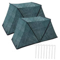 Two-pack foldable plant shade tents, dark green fabric with black edging and stakes