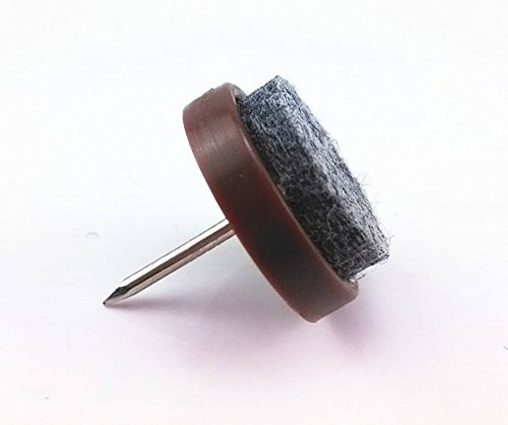 Side view felt nail-on furniture glide: brown base, gray felt ring, metal pin