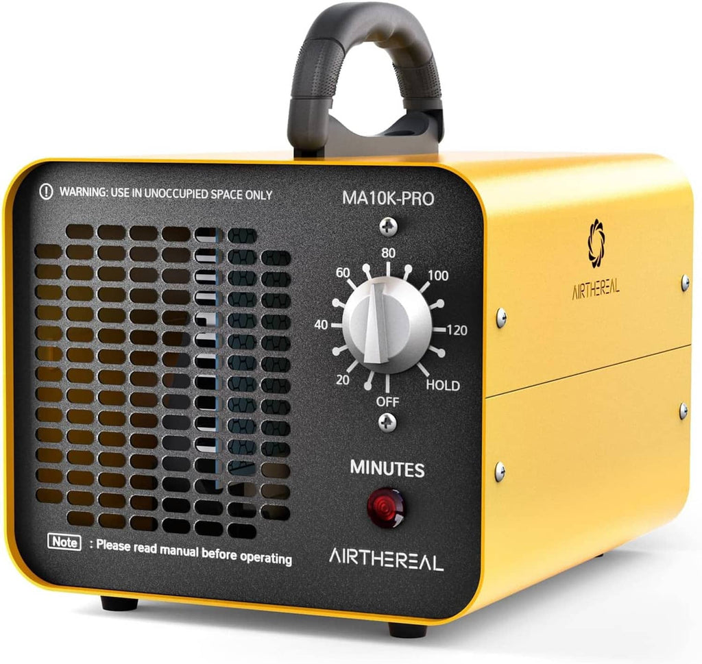 Front view of yellow high-capacity ozone generator with black control panel and handle