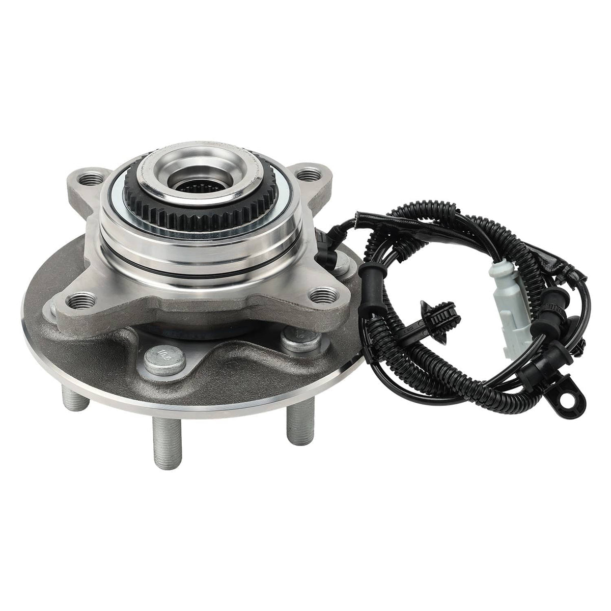 Front wheel bearing hub assembly with ABS sensor wiring harness and mounting flange