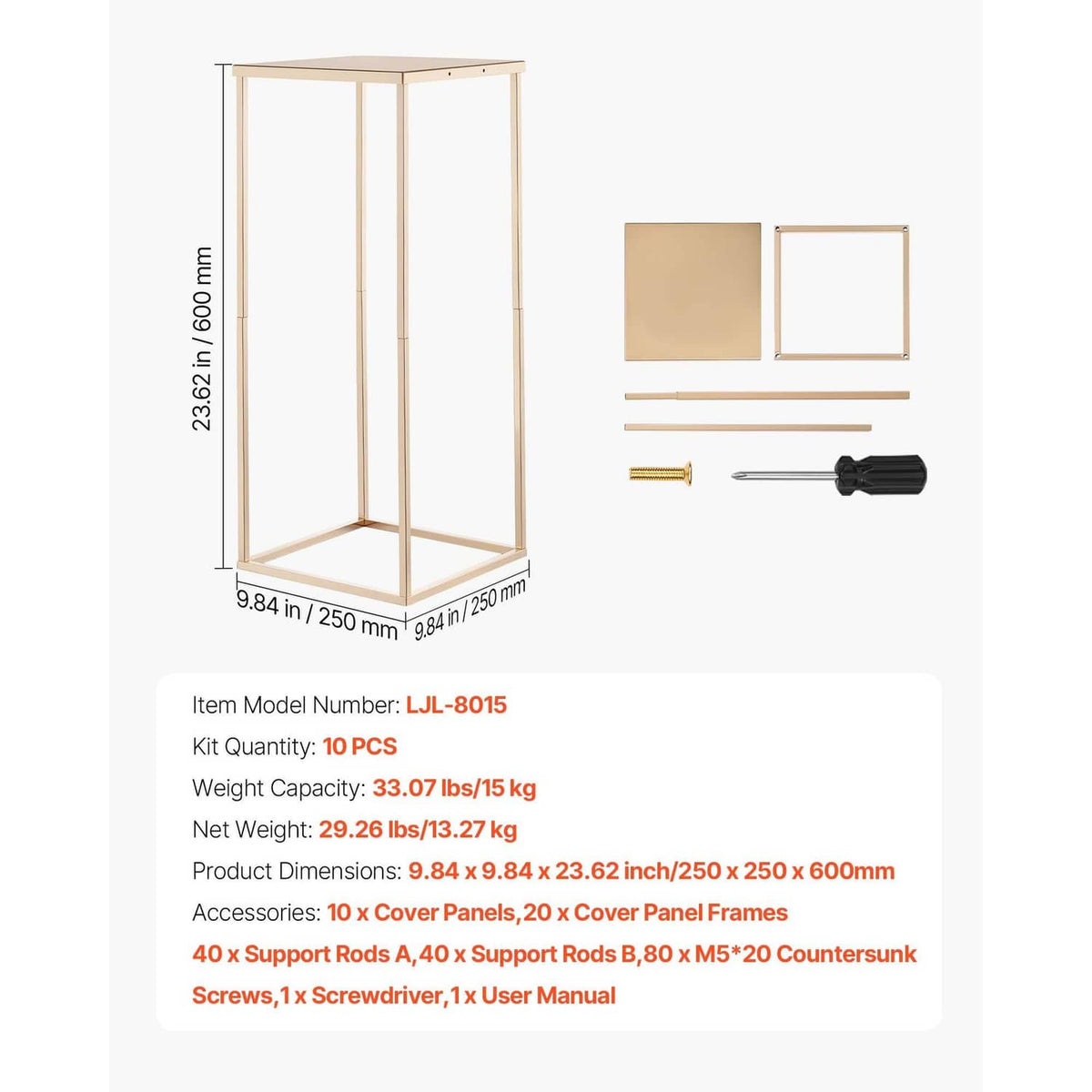Flower stand frame kit with cover panels, support rods, screws, and screwdriver