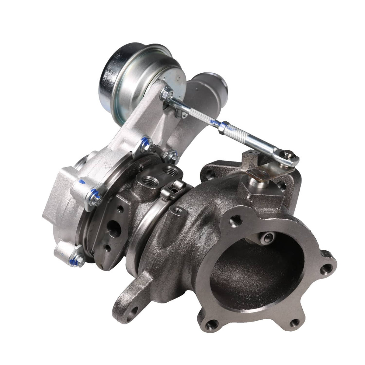 Silver turbocharger assembly with black compressor outlet hose and mounting bracket